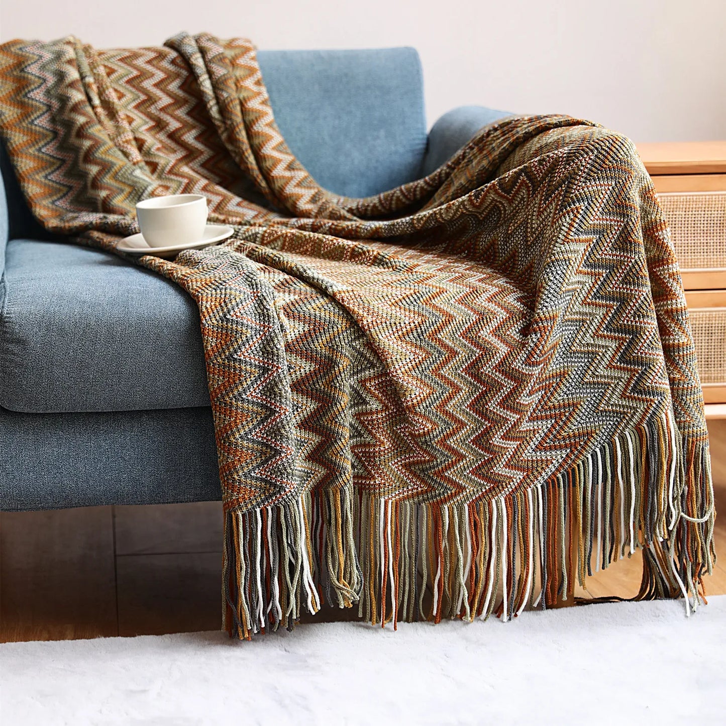 Boho Knit Throw Blanket – Colorful Striped Sofa Cover & Bedspread