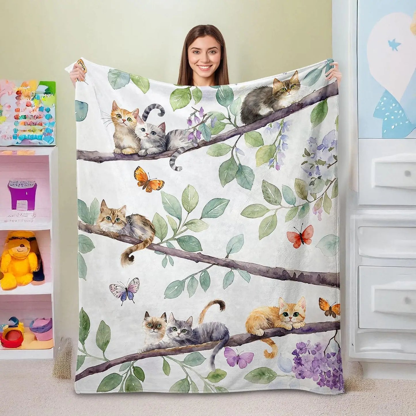 Cat Print Flannel Throw Blanket – Soft Cozy Sofa & Bed Cover Gift