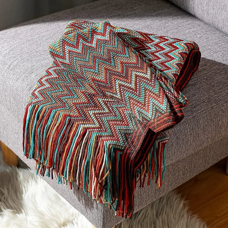 Boho Knit Throw Blanket – Colorful Striped Sofa Cover & Bedspread