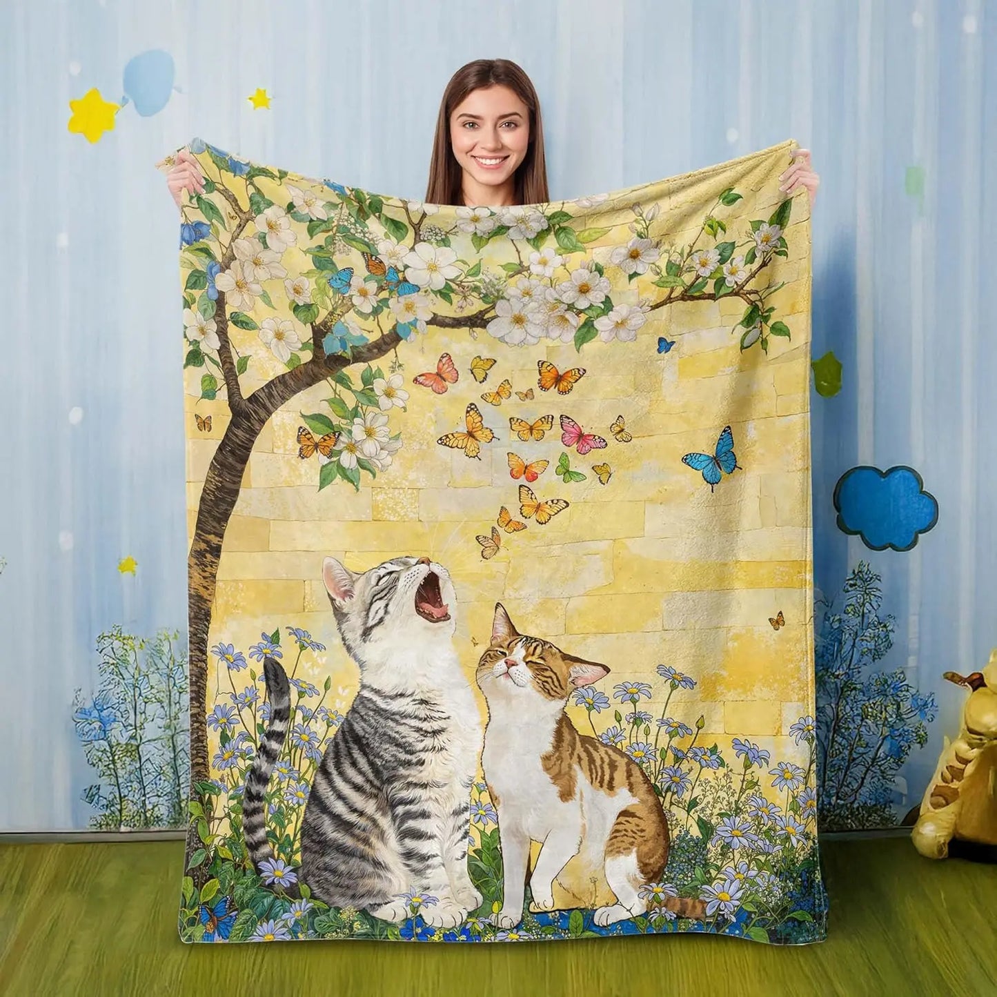 Cat Print Flannel Throw Blanket – Soft Cozy Sofa & Bed Cover Gift