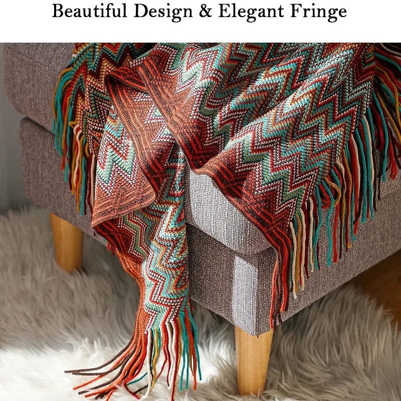 Boho Knit Throw Blanket – Colorful Striped Sofa Cover & Bedspread