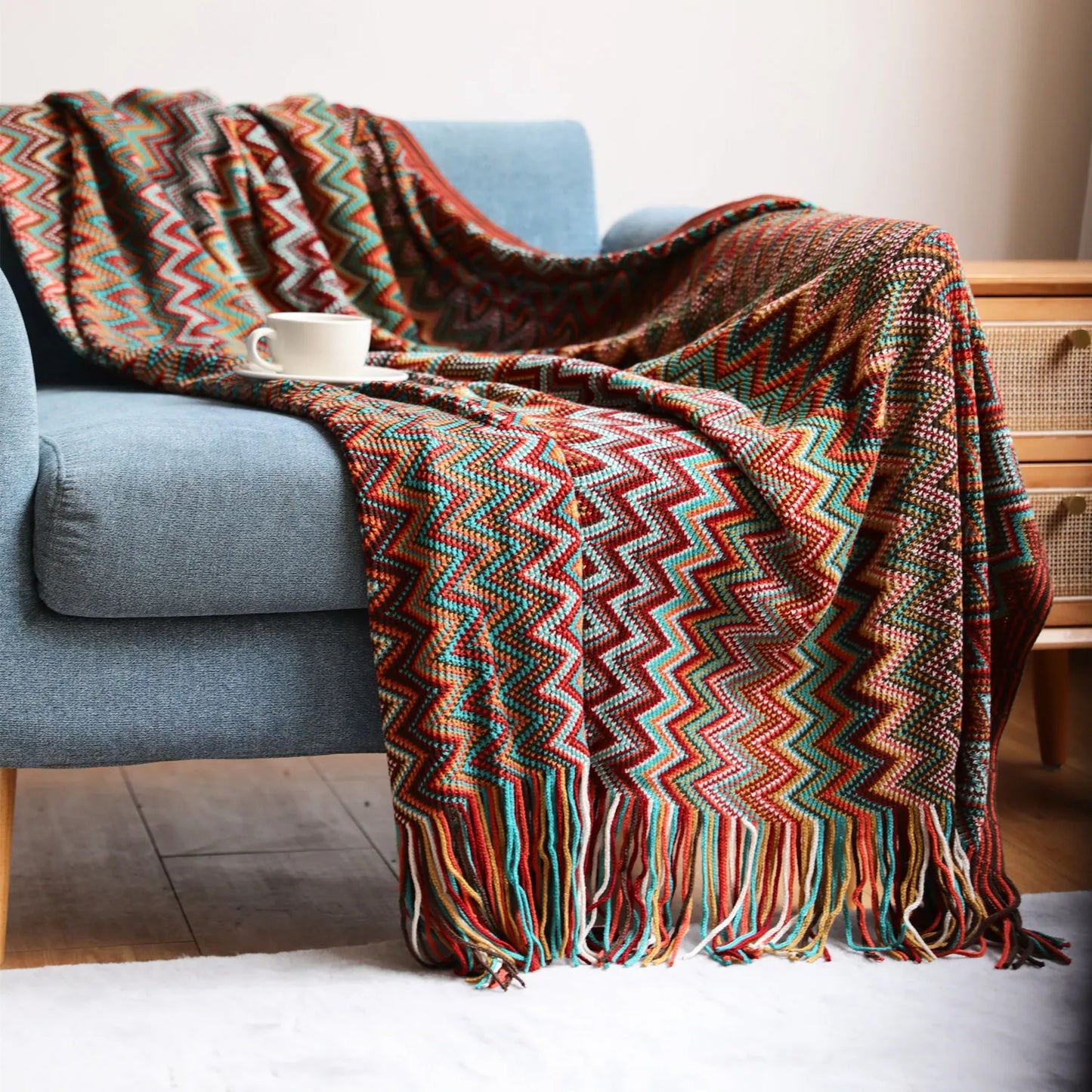 Boho Knit Throw Blanket – Colorful Striped Sofa Cover & Bedspread