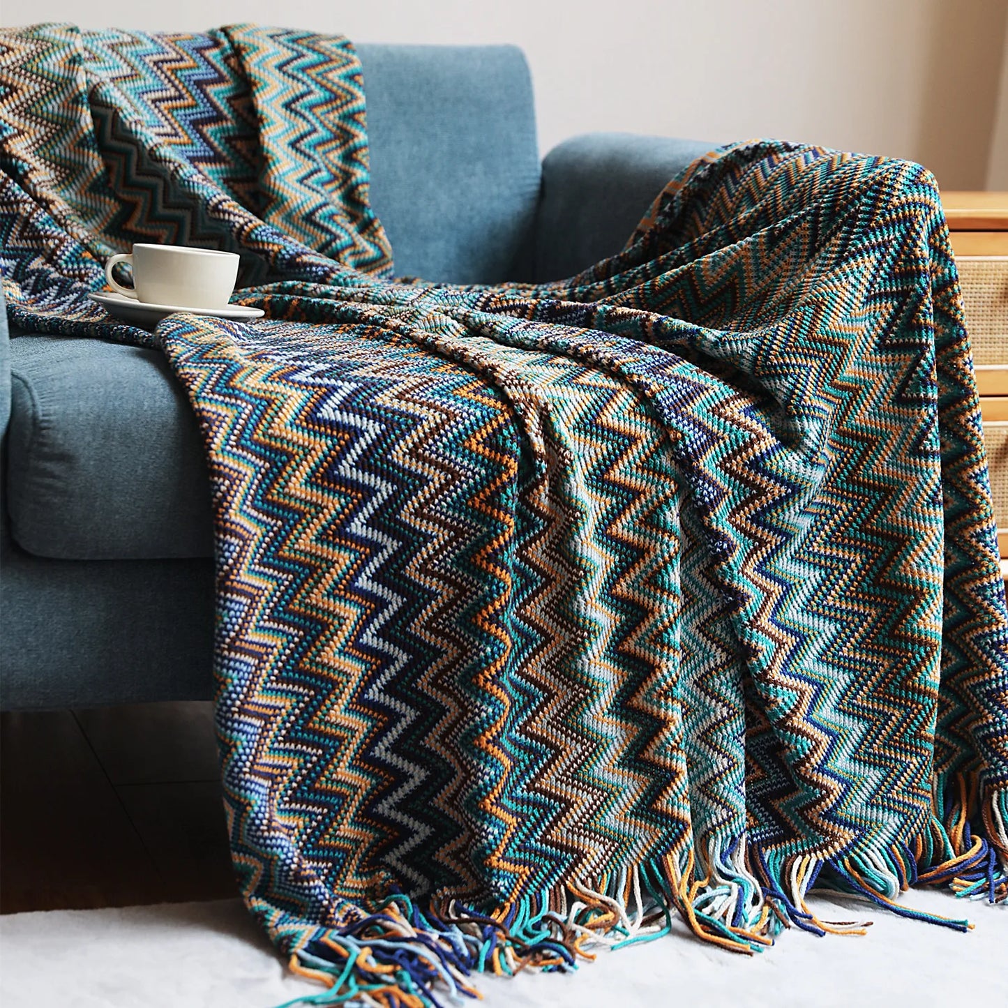 Boho Knit Throw Blanket – Colorful Striped Sofa Cover & Bedspread