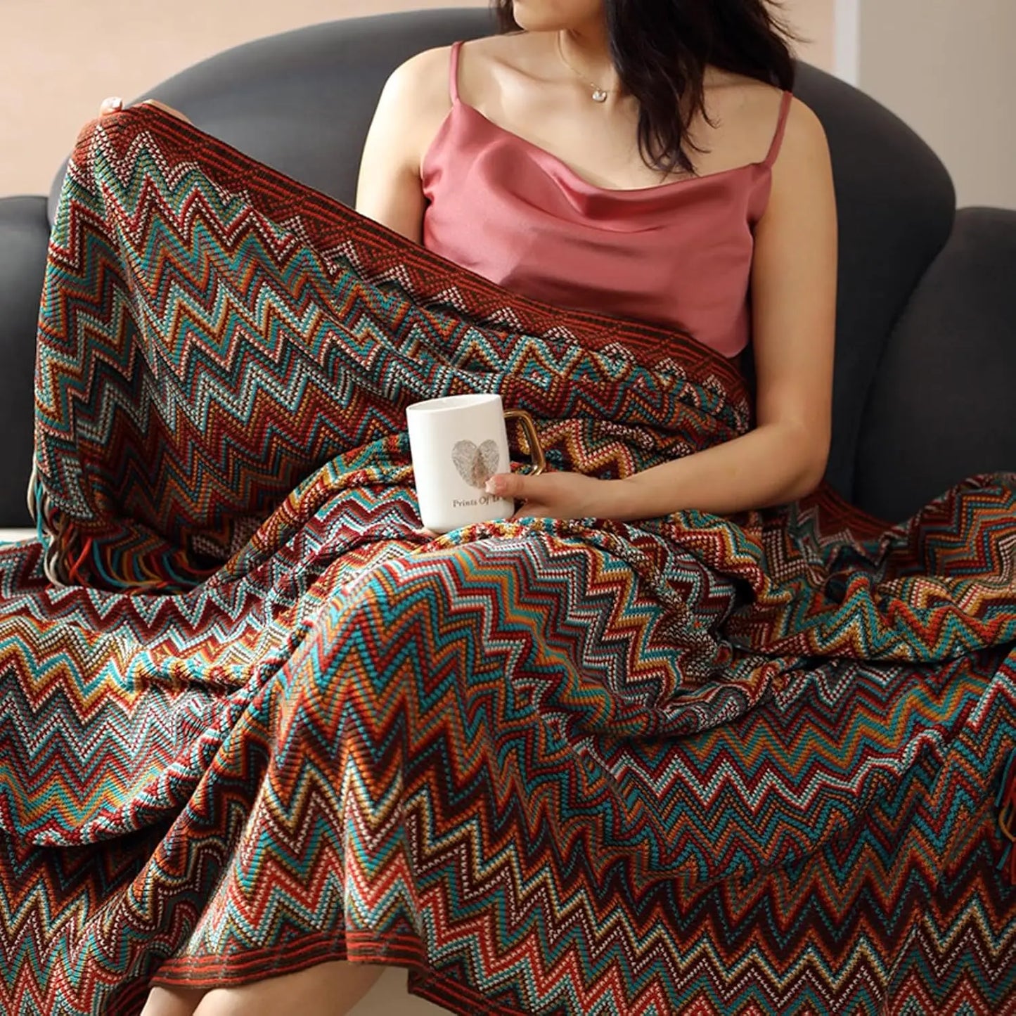 Boho Knit Throw Blanket – Colorful Striped Sofa Cover & Bedspread