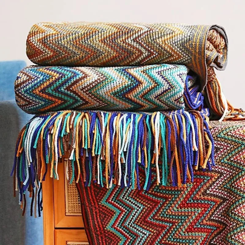 Boho Knit Throw Blanket – Colorful Striped Sofa Cover & Bedspread