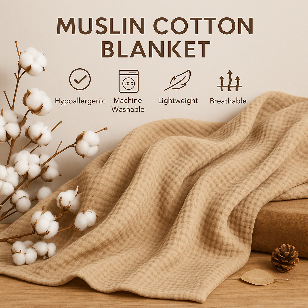 Manta beige en ambiente lifestyle con beneficios