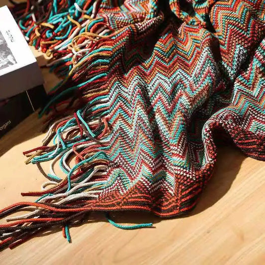 Boho Knit Throw Blanket – Colorful Striped Sofa Cover & Bedspread