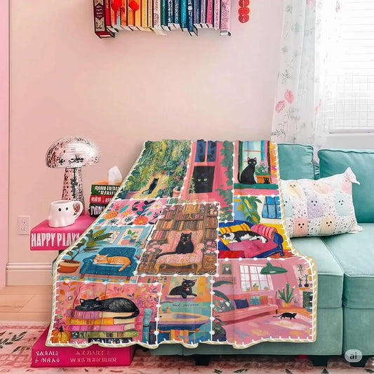 Cat Print Flannel Throw Blanket – Soft Cozy Sofa & Bed Cover Gift