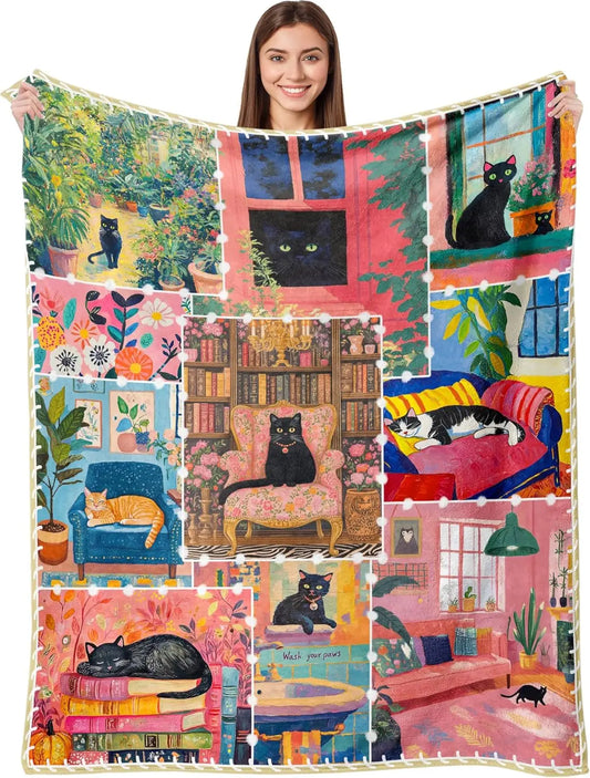 Cat Print Flannel Throw Blanket – Soft Cozy Sofa & Bed Cover Gift
