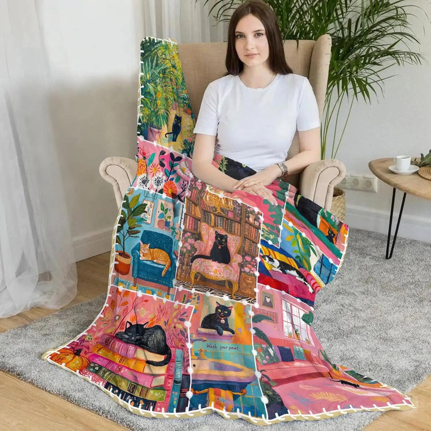 Cat Print Flannel Throw Blanket – Soft Cozy Sofa & Bed Cover Gift