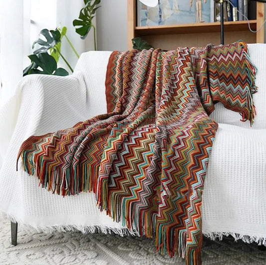 Boho Knit Throw Blanket – Colorful Striped Sofa Cover & Bedspread