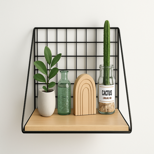 Single floating wall shelf with black metal wire frame and wooden base in 1:1 format